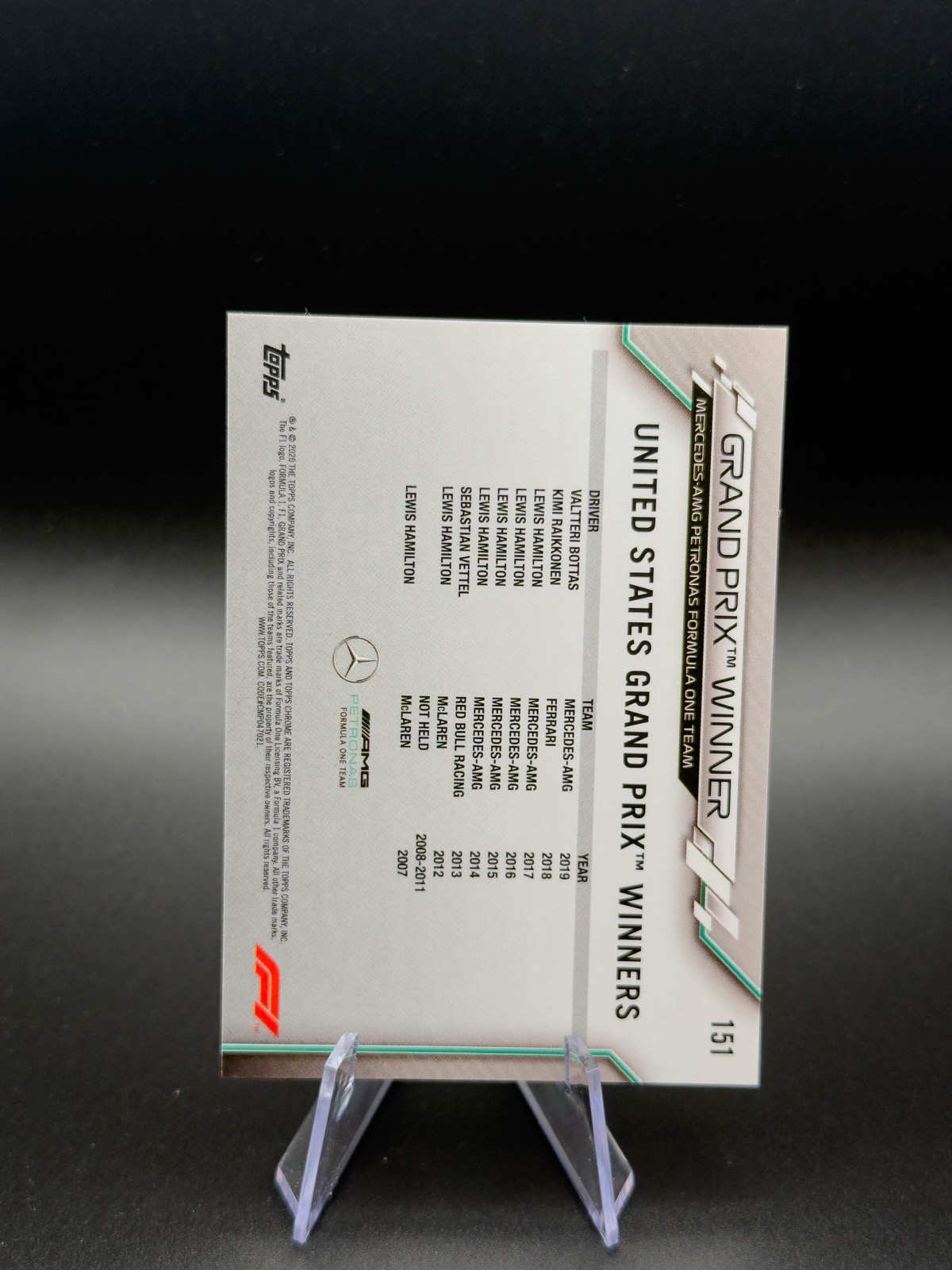 2020 Topps Chrome Sapphire F1 Valtteri Bottas #151 GP Winner (US), Sapphire back