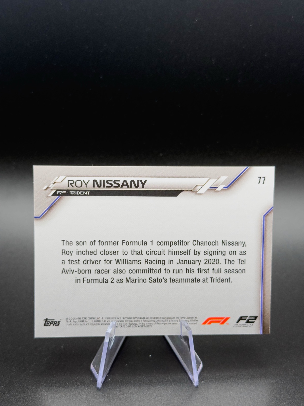 2020 Topps Chrome Sapphire F1 Roy Nissany #77 F2 Racers, Sapphire back