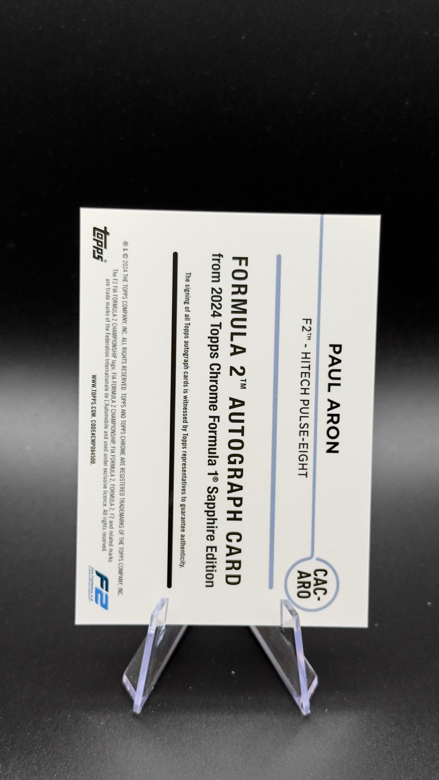 2024 Topps Chrome Sapphire F1 Paul Aron #CAC-ARO Formula 2 Autograph Card back