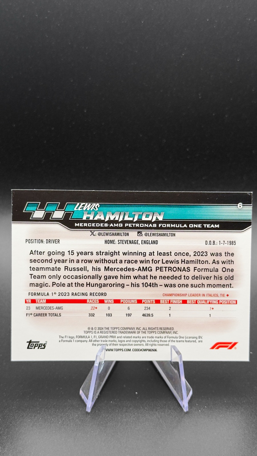 2024 Topps F1 Paddock Pass Lewis Hamilton #6 Base back