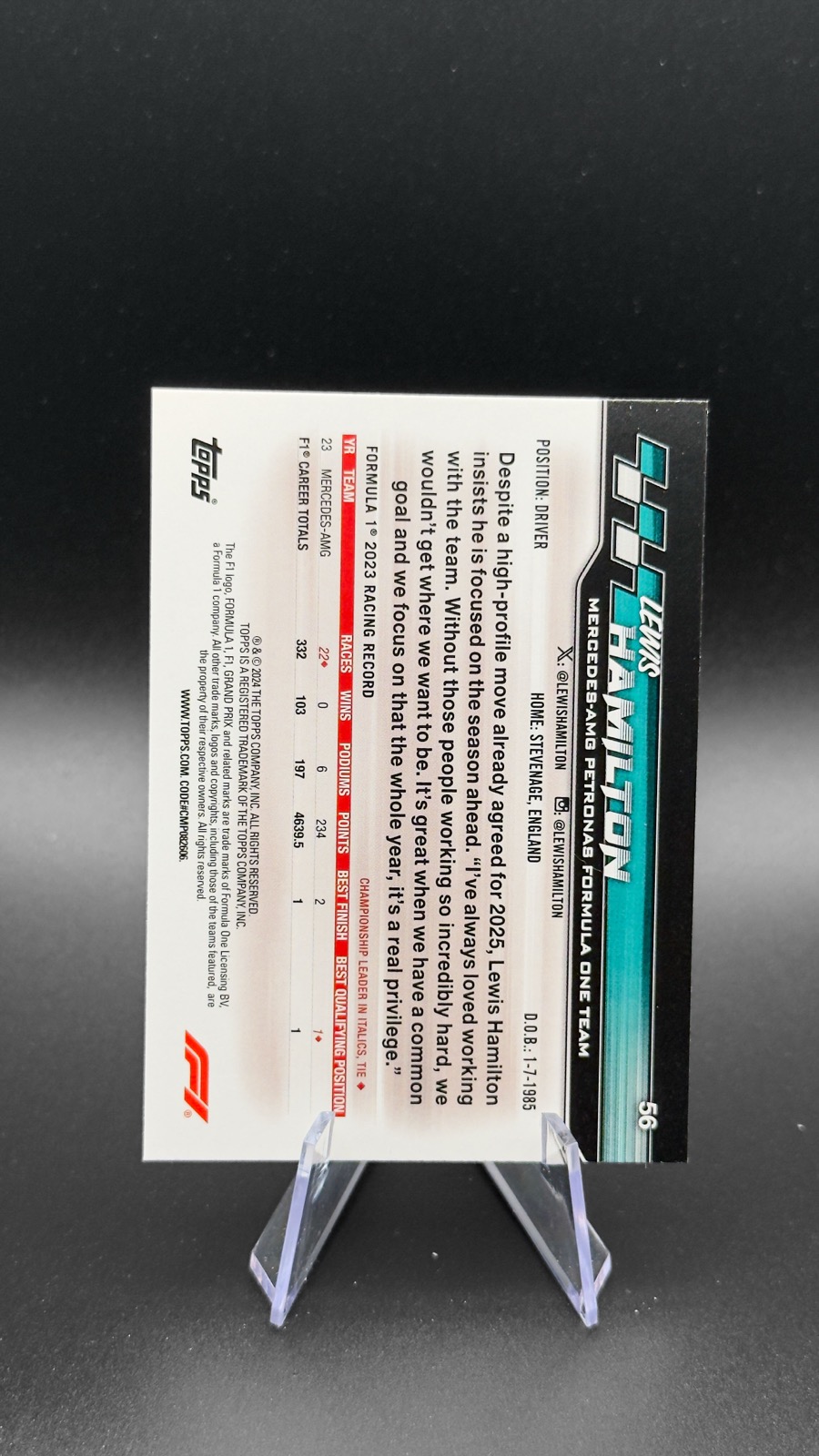 2024 Topps F1 Paddock Pass Lewis Hamilton #56 Base back
