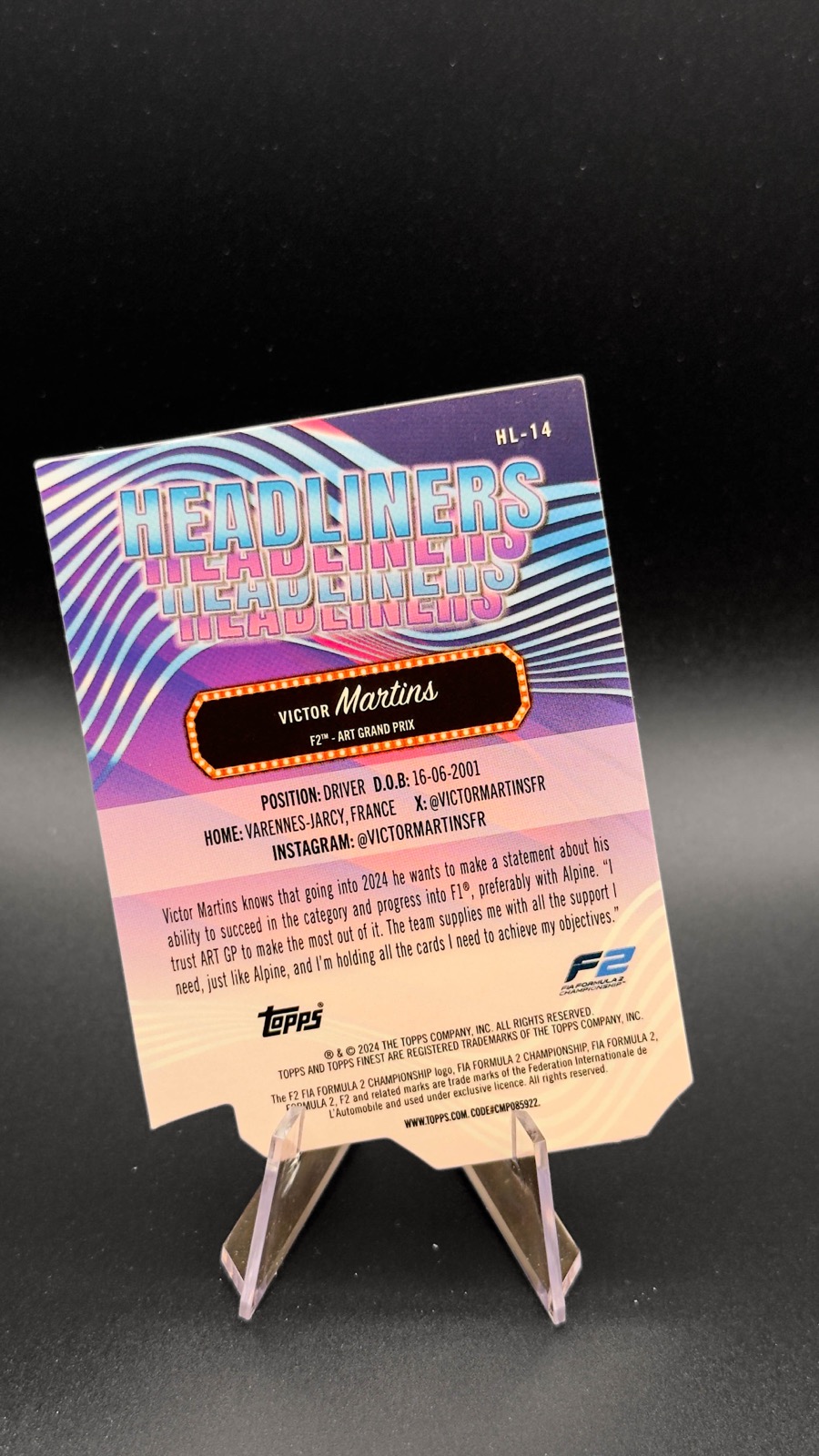 2024 Topps Finest F1 Victor Martins #HL-14 Headliners Die-Cut /74 back