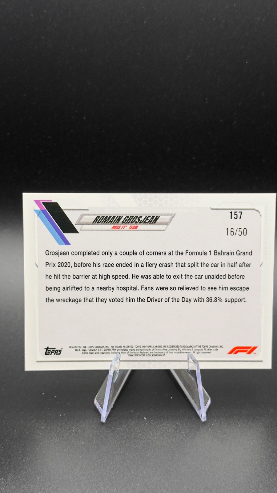 2021 Topps Chrome F1 Romain Grosjean #157 Driver of the Day, Gold Ref /50 back