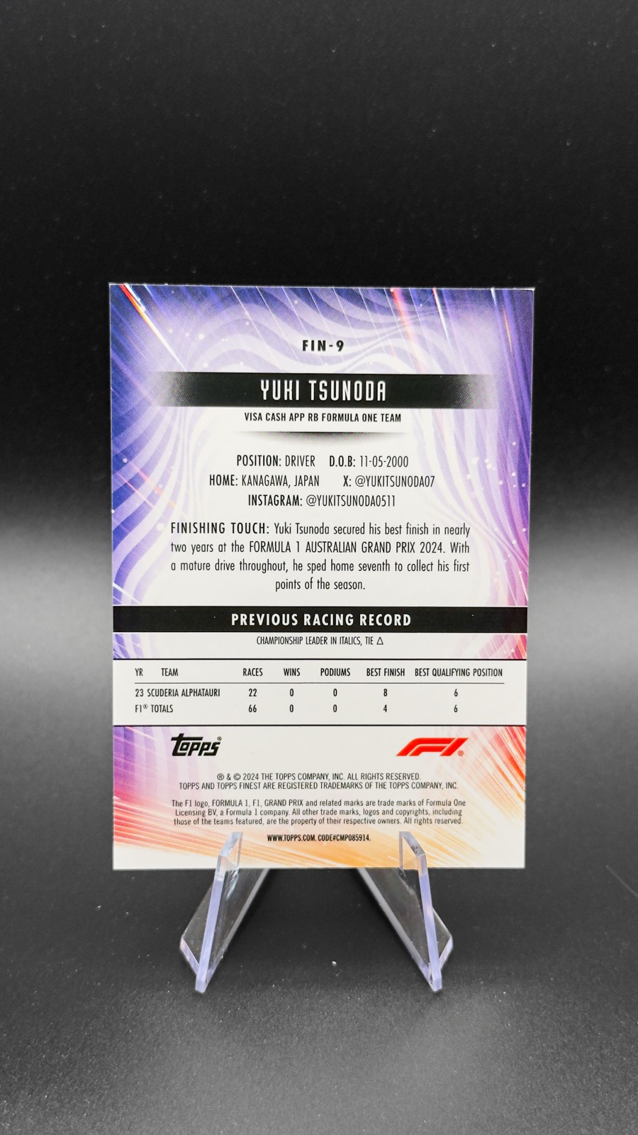 2024 Topps Finest F1 Yuki Tsunoda #FIN-9 Finishers back