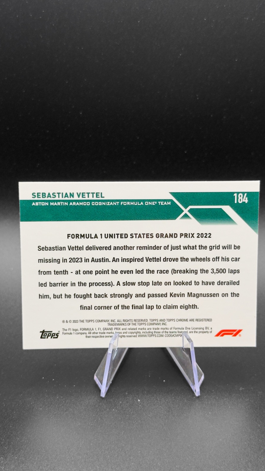 2023 Topps Chrome F1 Sebastian Vettel #184 Driver of the Day, Gold Checker /50 back