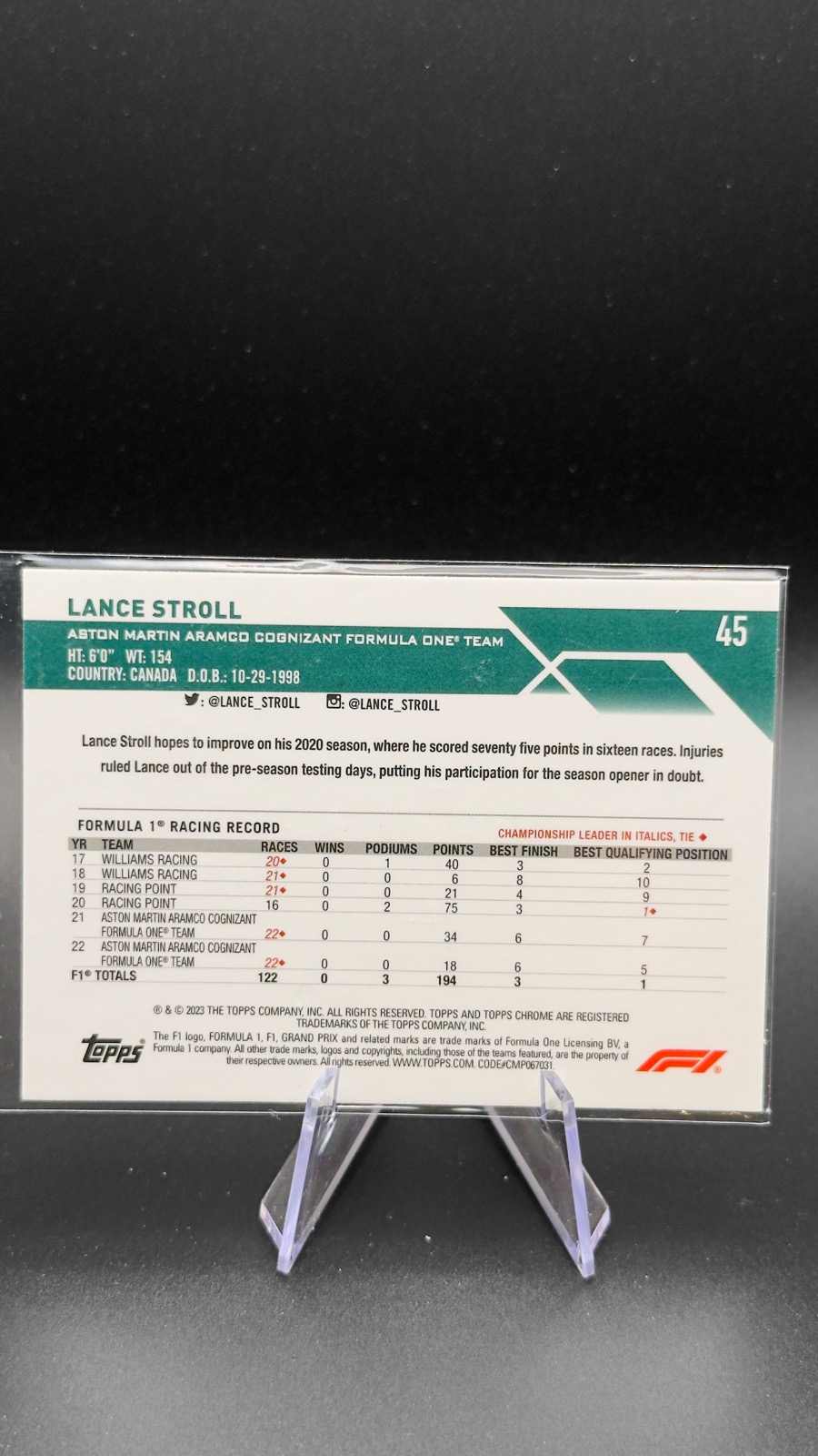 2023 Topps Chrome F1 Lance Stroll #45 Speckle Refractor /299 back