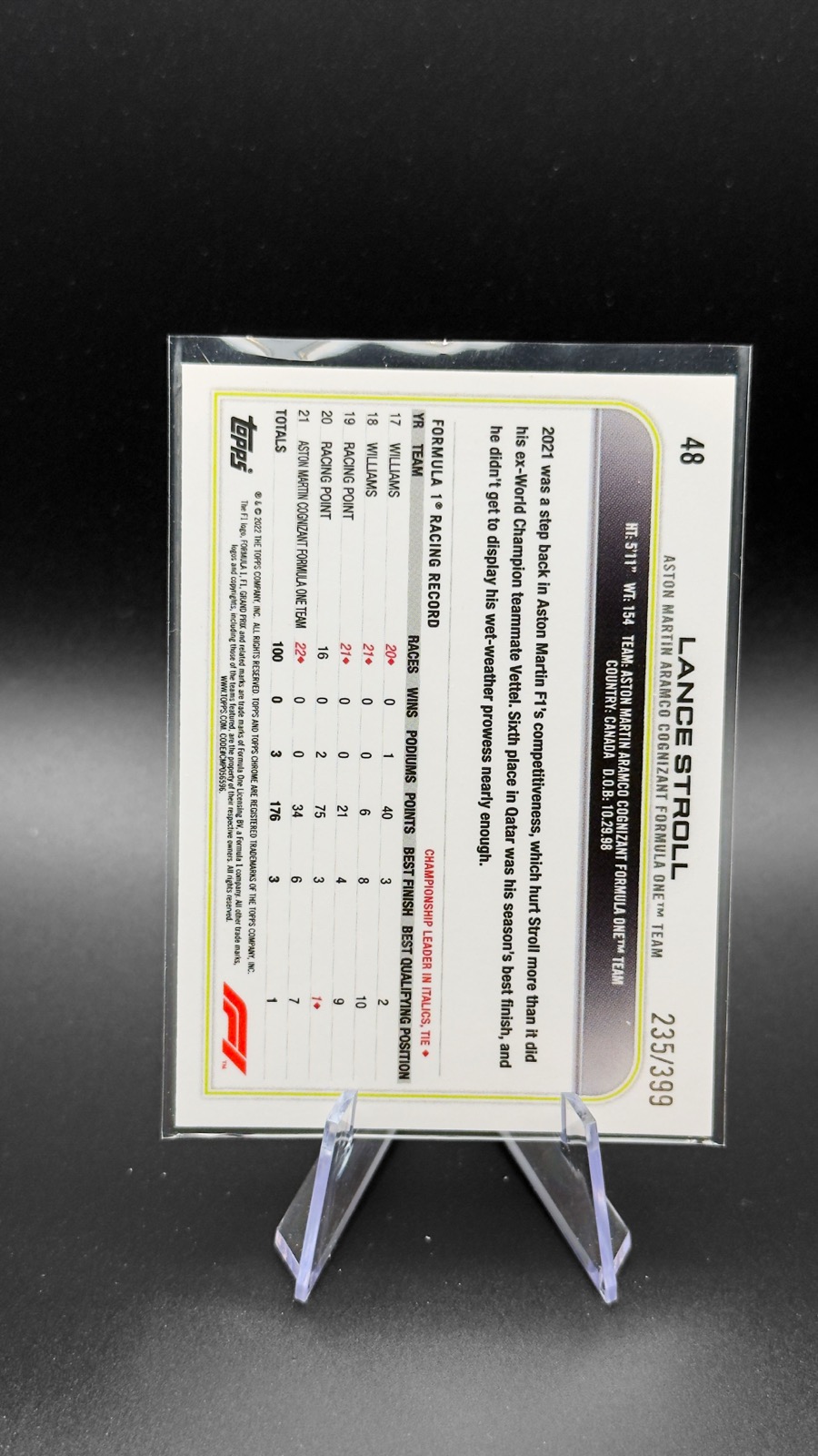 2022 Topps Chrome F1 Lance Stroll #48 Purple Refractor /399 back