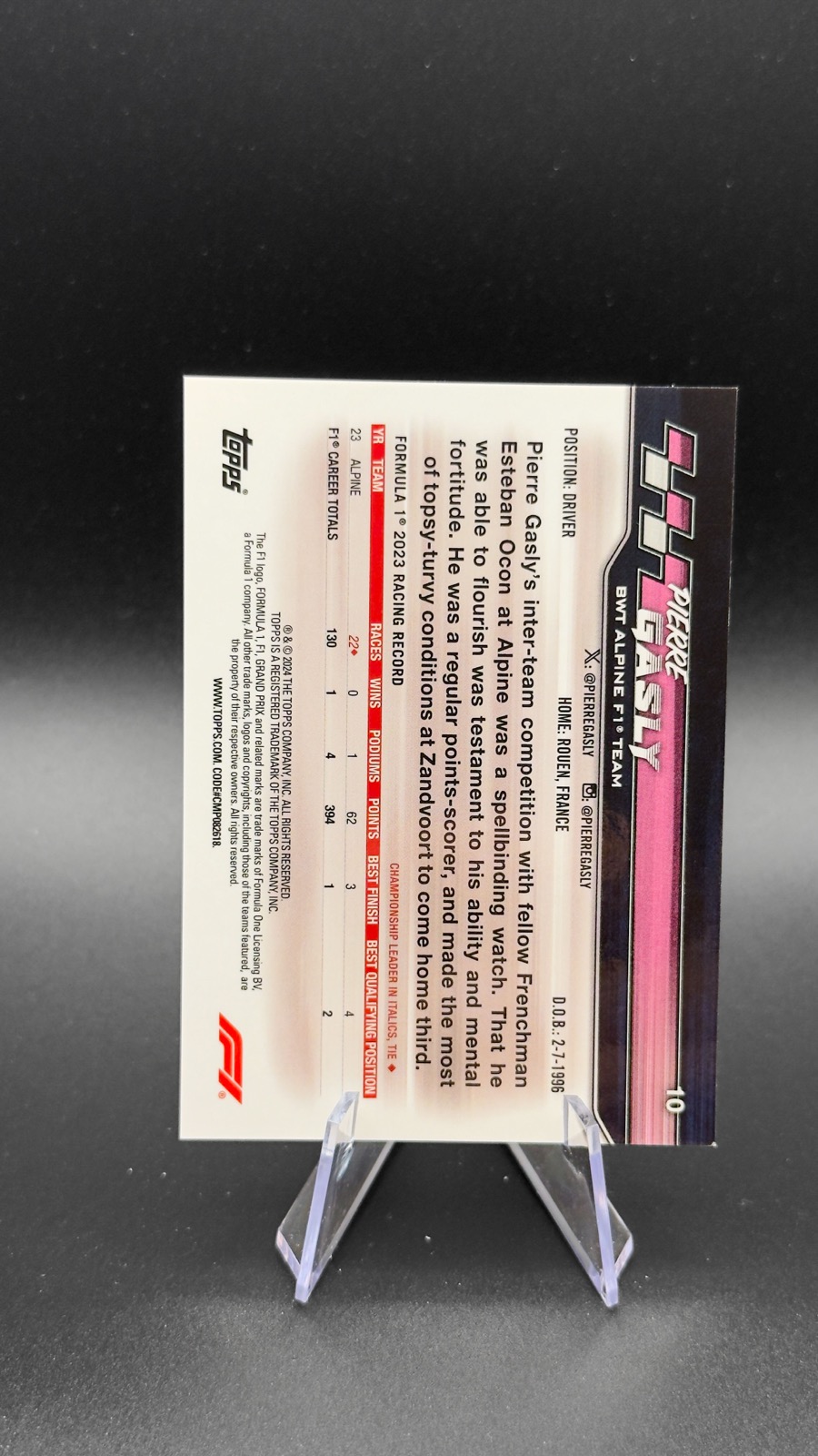 2024 Topps F1 Paddock Pass Pierre Gasly #10 Green Refractor /275 back