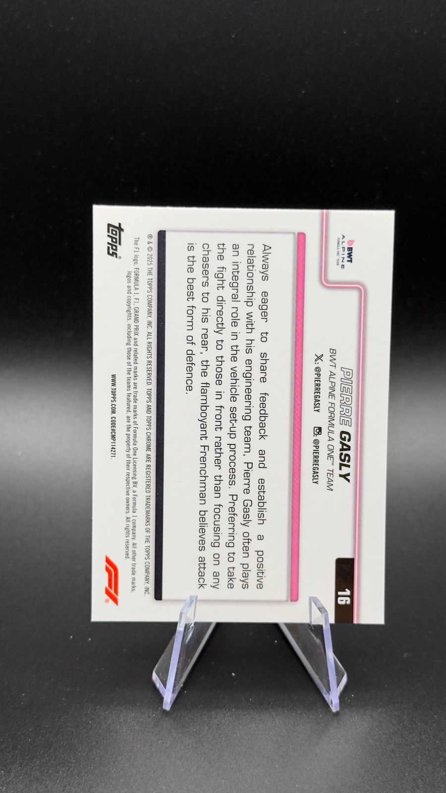 2025 Topps Chrome F1 Pierre Gasly #16 Pink Refractor /250 back