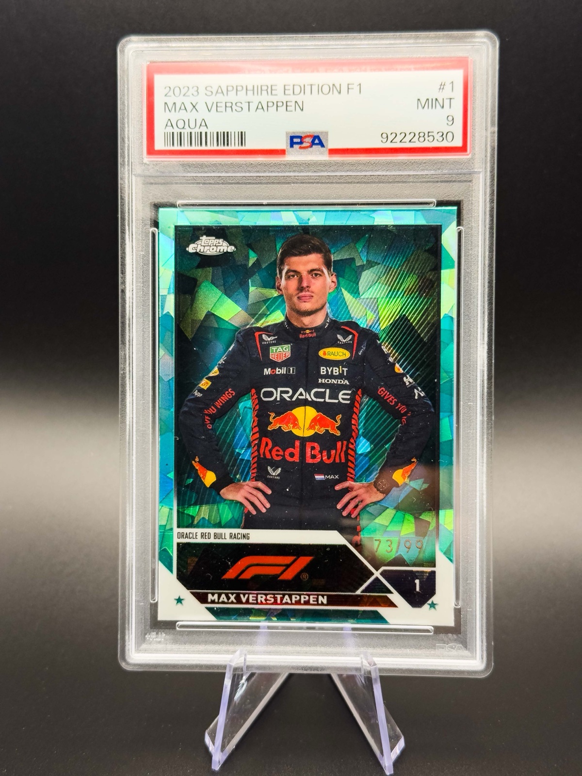 2023 Topps Chrome Sapphire F1 Max Verstappen #1 Aqua /99 PSA 9