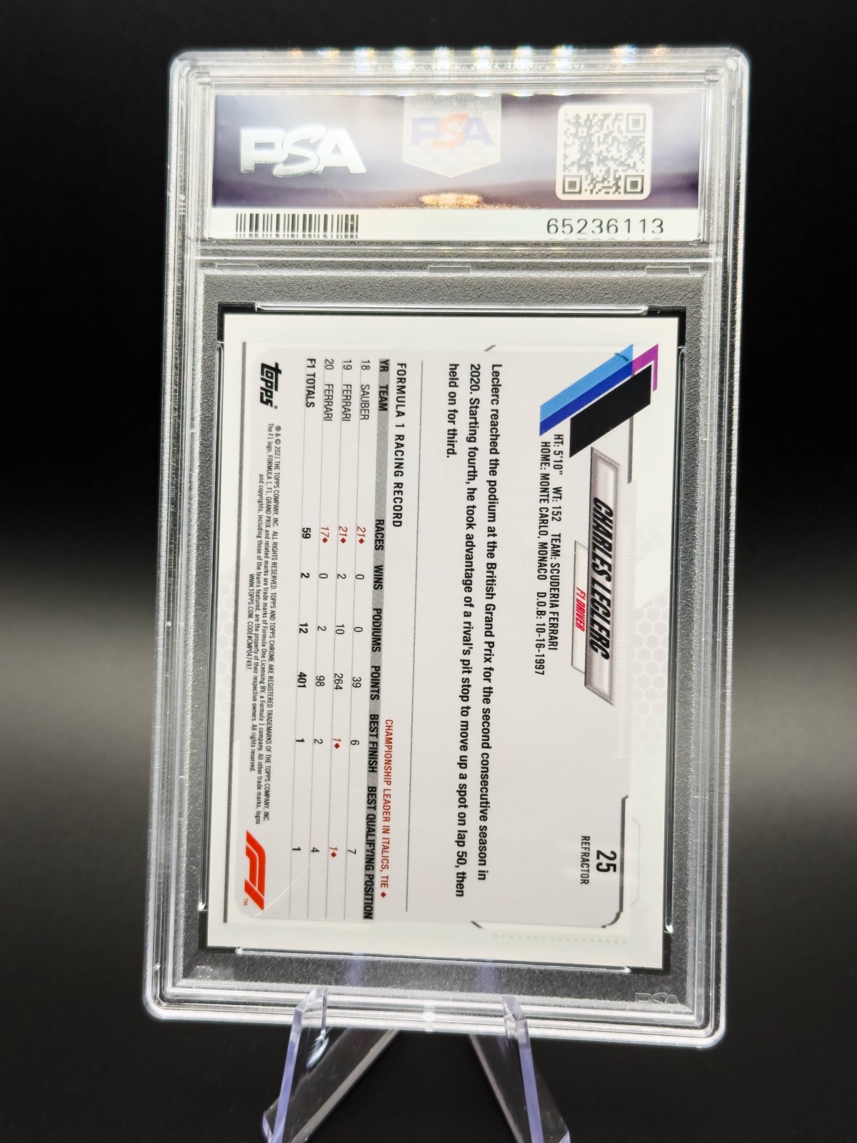 2021 Topps Chrome F1 Charles Leclerc #25 Refractor PSA 10 Ferrari back
