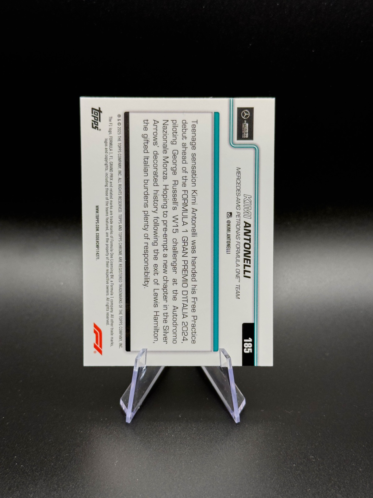 2025 Topps Chrome F1 Kimi Antonelli #185 On The Move RC, Black and White RayWave back