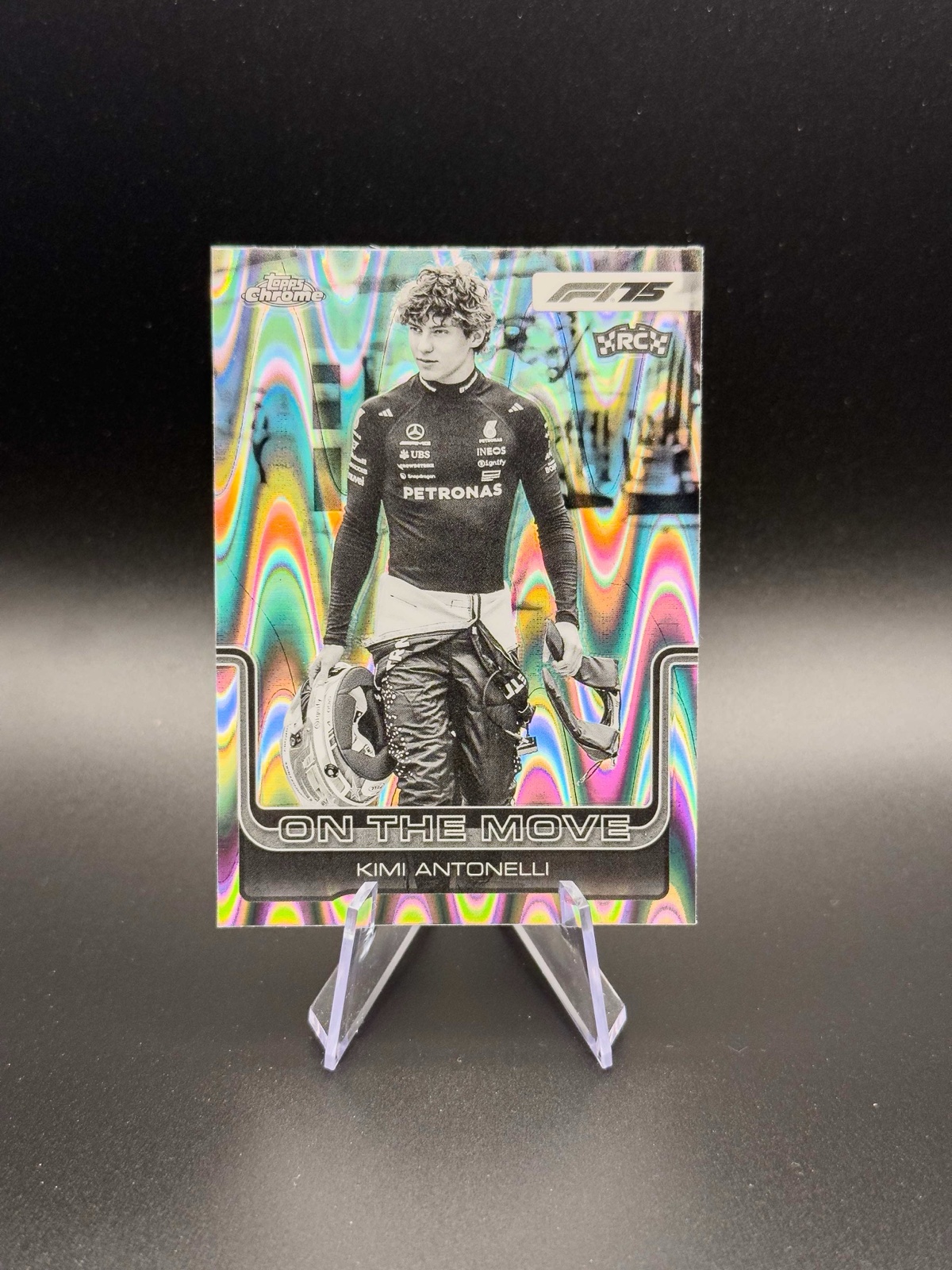 2025 Topps Chrome F1 Kimi Antonelli #185 On The Move RC, Black and White RayWave