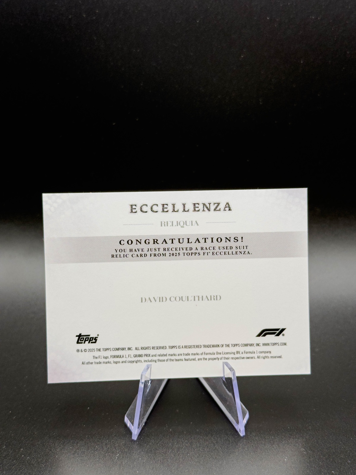 2025 Topps Eccellenza F1 David Coulthard Reliquia Race-Used Relic, Blue /99 back