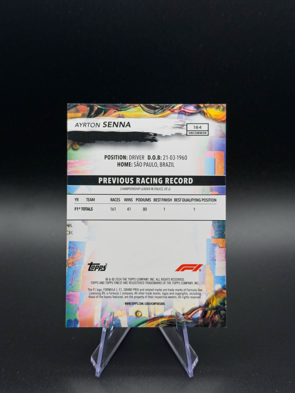 2024 Topps Finest F1 Ayrton Senna #184 Blue Ref, Uncommon /150 back
