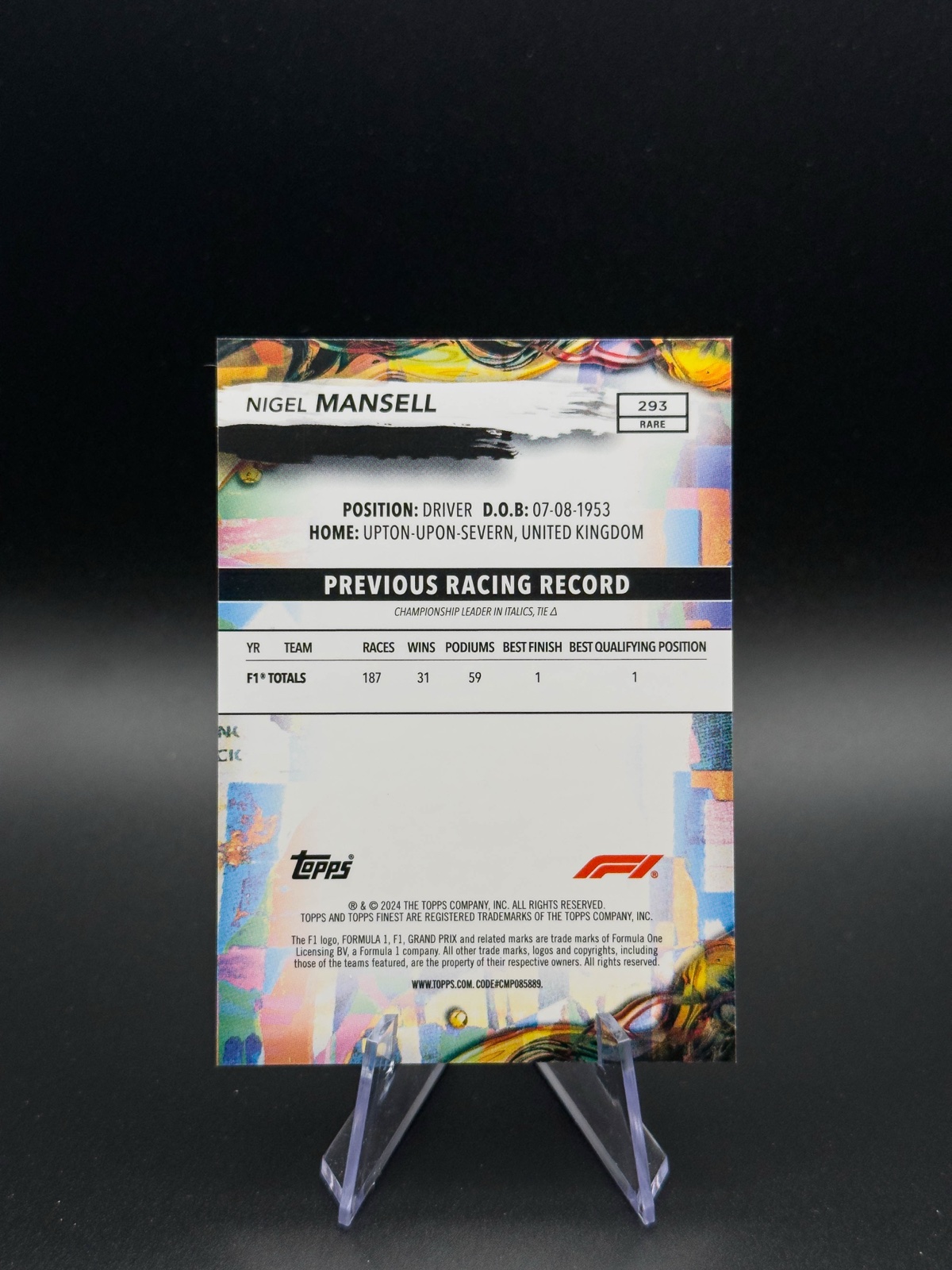 2024 Topps Finest F1 Nigel Mansell #293 Gold Ref /20 back