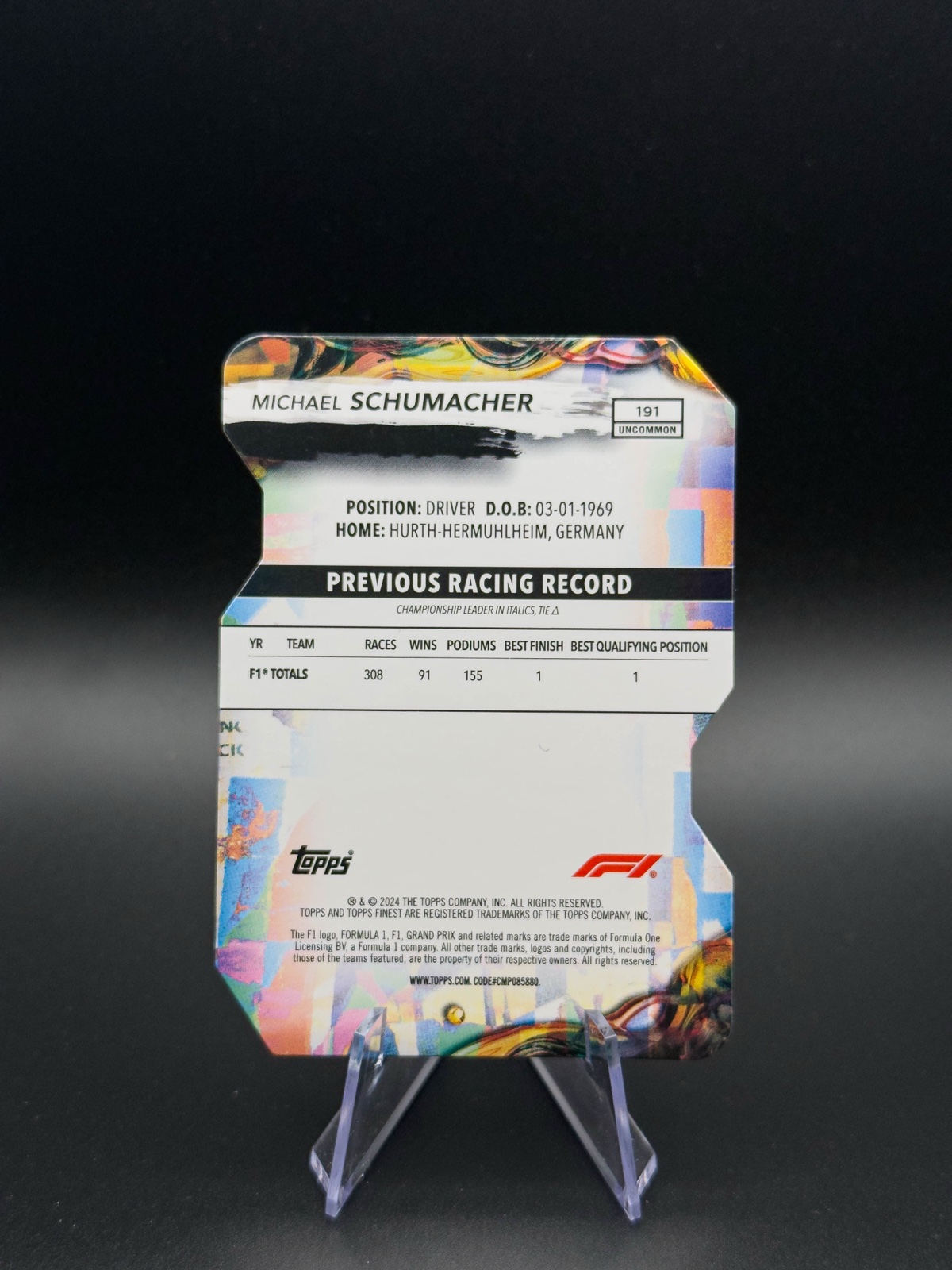 2024 Topps Finest F1 Michael Schumacher #191 Die-Cut Ref, Pink /75 back
