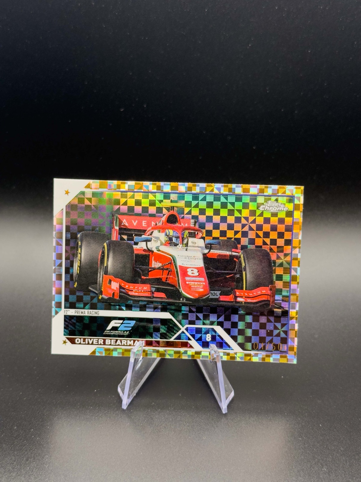 2023 Topps Chrome F1 Oliver Bearman #123 F2 Drivers, Checker Flag Ref /50