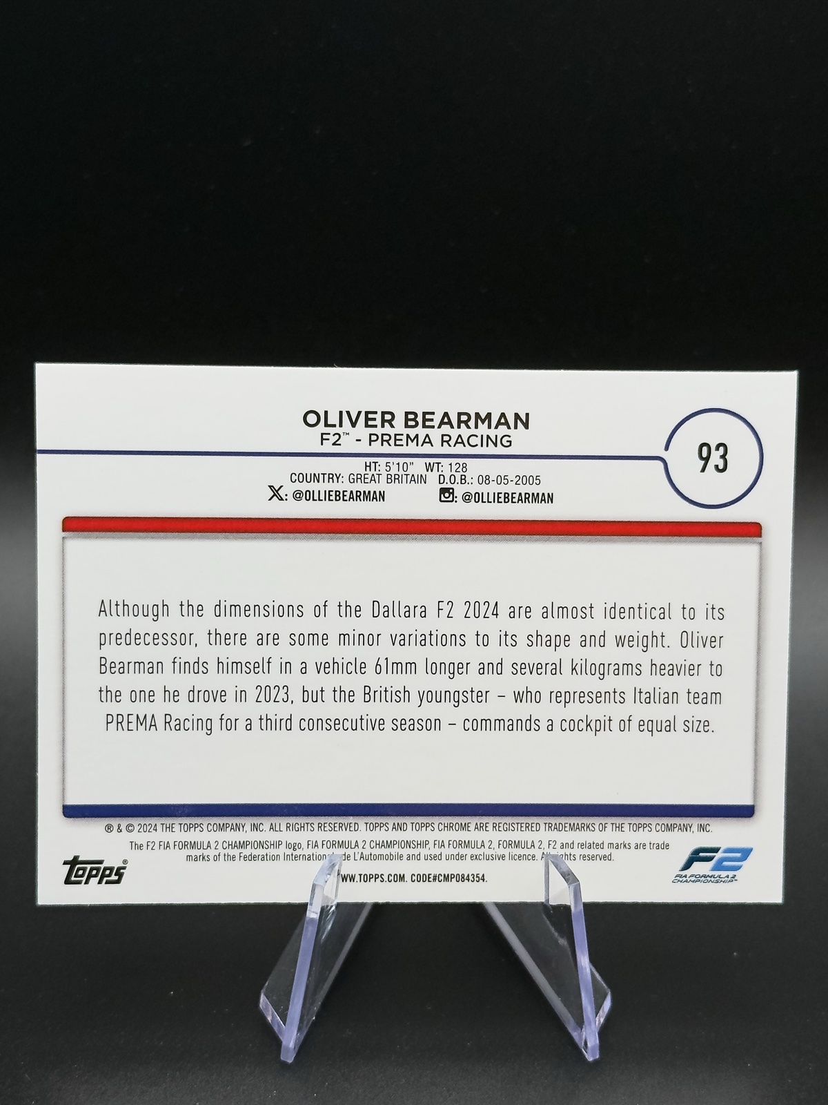 2024 Topps Chrome F1 Oliver Bearman #93 F2 Drivers, Green Ref /99 back