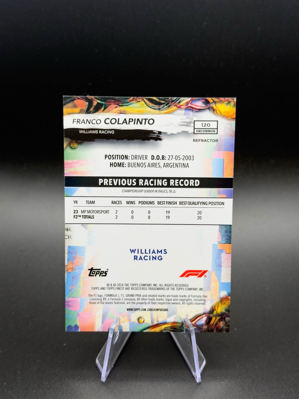 2024 Topps Finest F1 Franco Colapinto #120 Base Refractor back